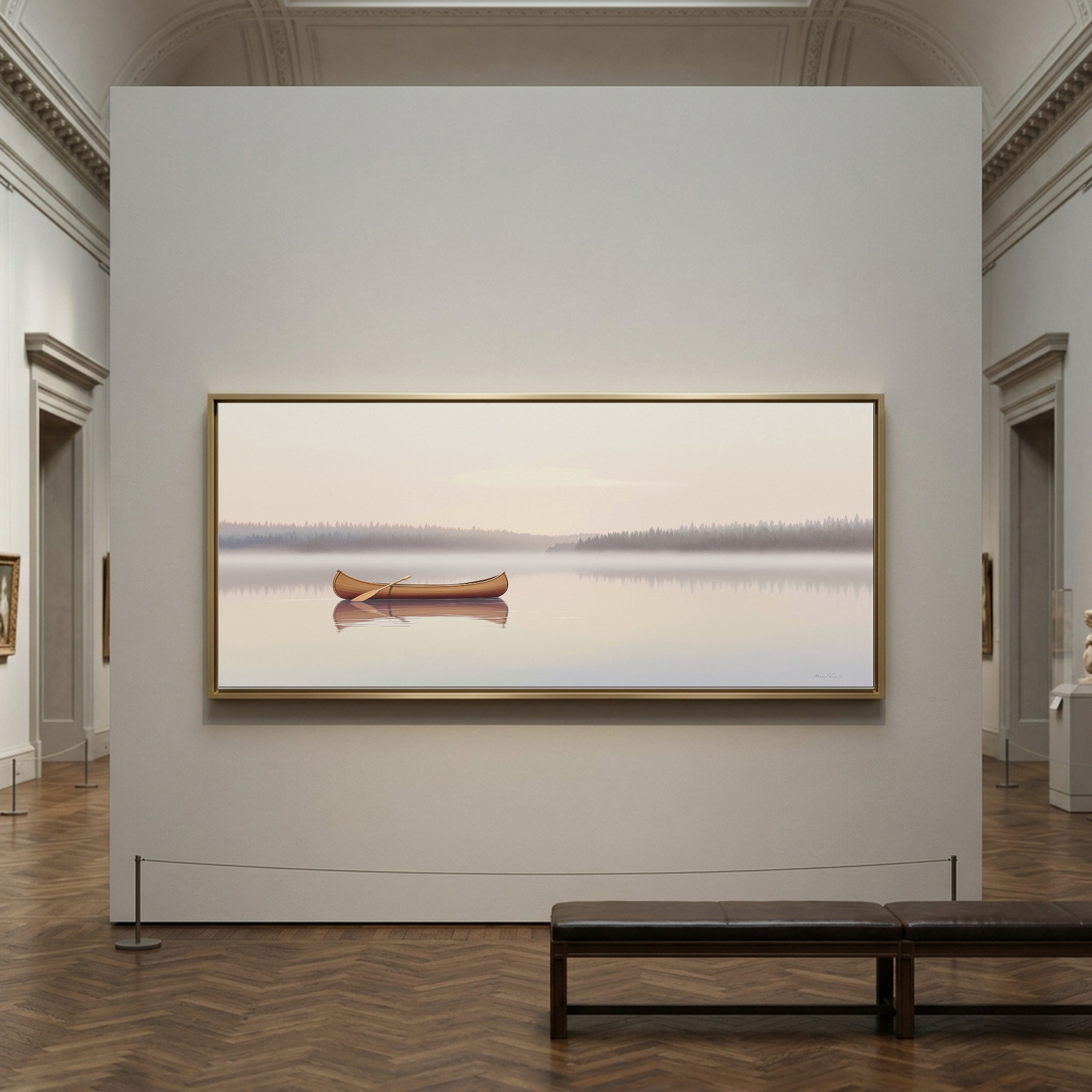Canoe Gliding Across a Glass Lake at Dawn – Panoramic Canvas Wall Art for Zen Living Room or Cabin - Image 8