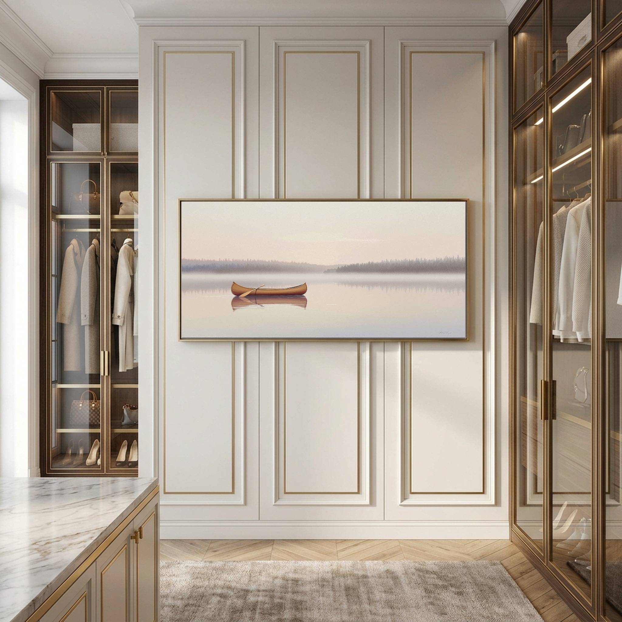 Canoe Gliding Across a Glass Lake at Dawn – Panoramic Canvas Wall Art for Zen Living Room or Cabin - Image 9
