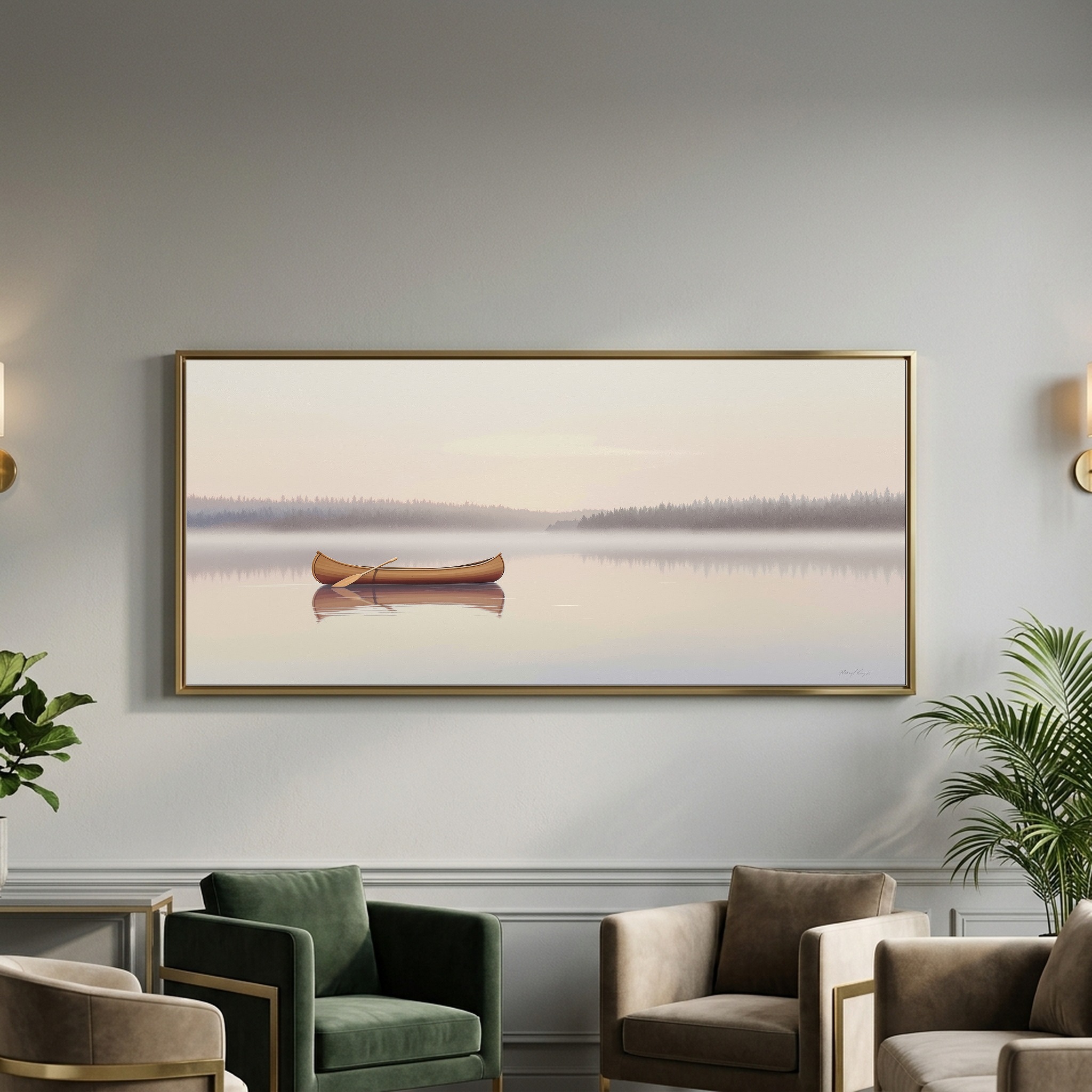 Canoe Gliding Across a Glass Lake at Dawn – Panoramic Canvas Wall Art for Zen Living Room or Cabin - Image 10