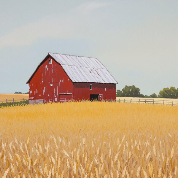 Red Barn & Golden Wheat Fields — Vertical Canvas Wall Art