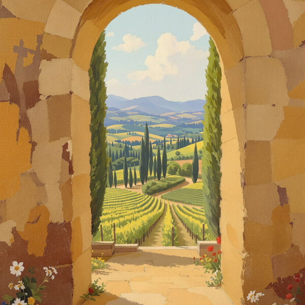 Tuscan Stone Arch Over Vineyard Hills — Vertical Canvas Wall Art