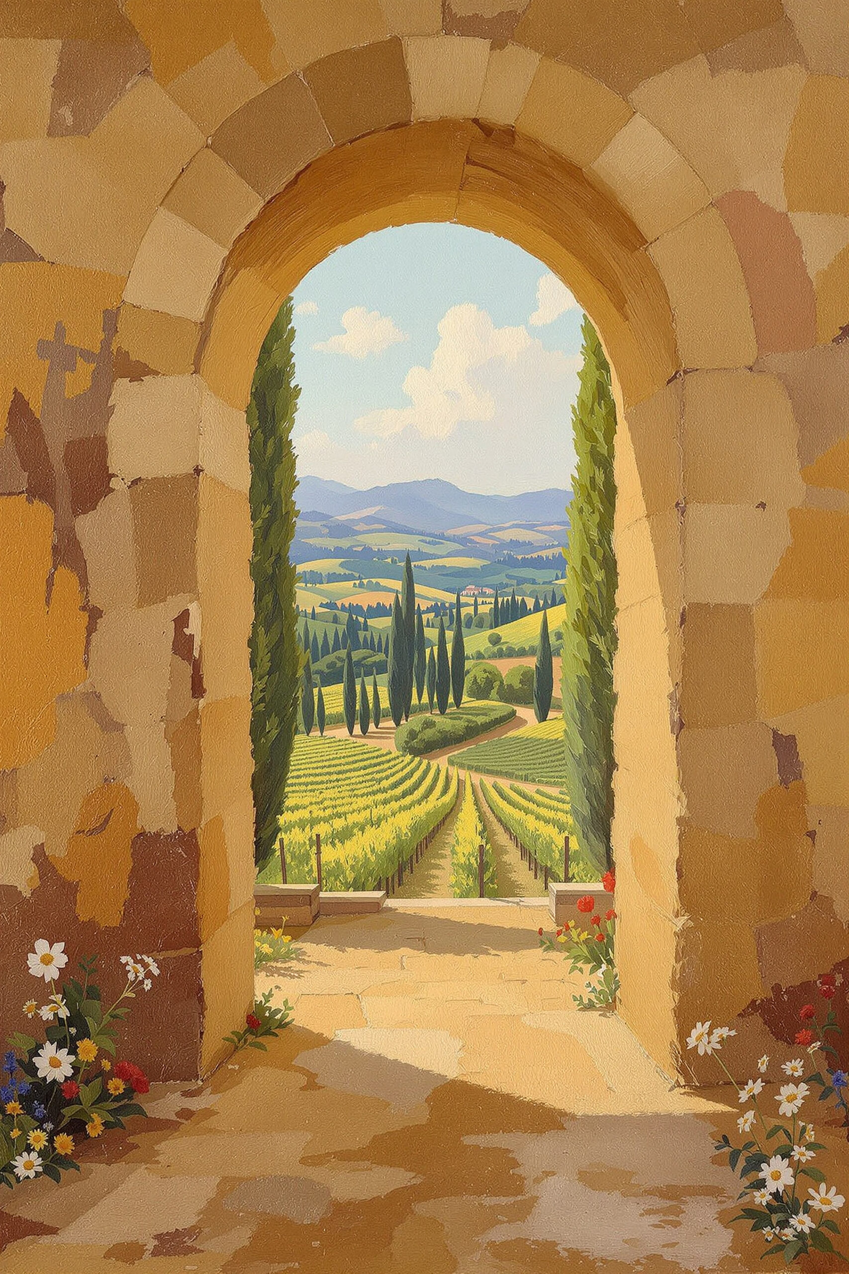 Tuscan Stone Arch Over Vineyard Hills — Vertical Canvas Wall Art