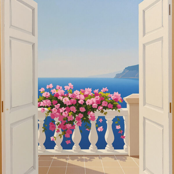Mediterranean Balcony View of Cobalt Waters — Panoramic Canvas Wall Art