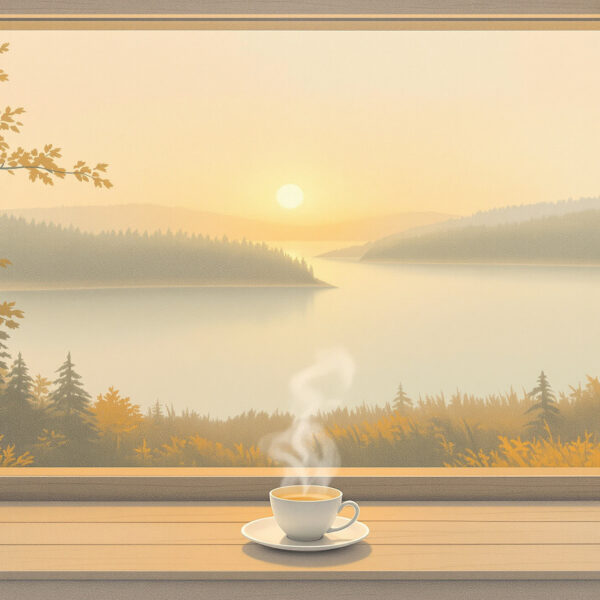 Lakeside Log Cabin Window at Sunrise — Panoramic Canvas Wall Art